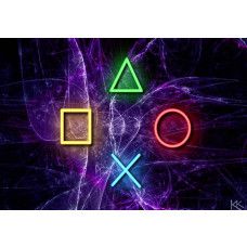 Fotobehang met neonverlichte PlayStation-symbolen op een paarse futuristische achtergrond vol digitale details.