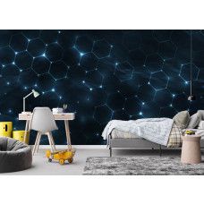 Fotobehang futuristische hexagonen met subtiele blauwe gloed in een kinderkamer.