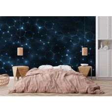 Fotobehang futuristische hexagonen met blauwe neonlichten in een slaapkamer.