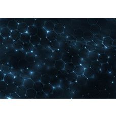 Fotobehang met futuristisch hexagonenpatroon en blauwe neonlichten.