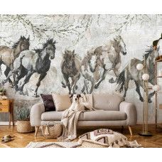 Fotobehang galopperende paarden aquarel in een woonkamer, waar het kunstzinnige design een elegante blikvanger vormt.