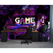 Fotobehang met Game Over in retro pixels, geplaatst in een gamekamer met een paarse digitale uitstraling.