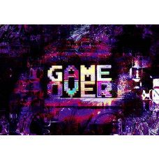 Fotobehang met de tekst Game Over in pixelstijl op een paarse achtergrond.