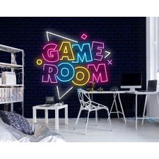 Fotobehang Game Room Neonletters in een gamekamer met opvallende neonletters en energieke uitstraling.