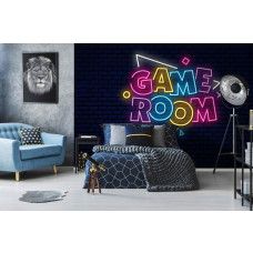 Fotobehang Game Room Neonletters in een kinderkamer met kleurrijke neonletters en speelse uitstraling.
