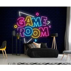 Fotobehang Game Room Neonletters in een tienerkamer met felgekleurde neonletters en moderne gaming look.