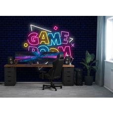 Fotobehang Game Room Neonletters in een gamekamer met felgekleurde neonletters en dynamische vormen tegen donkere achtergrond.