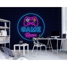 Fotobehang Game Room Neonstijl in een gamekamer met neon gamecontroller en ronde neoncirkel op donkere baksteenachtergrond.