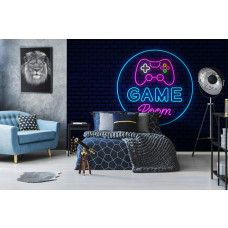Fotobehang Game Room Neonstijl in een kinderkamer met felgekleurde neon gamecontroller en speelse uitstraling.