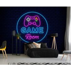 Fotobehang Game Room Neonstijl in een tienerkamer met neon gamecontroller en kleurrijk design op donkere achtergrond.