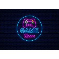 Fotobehang Game Room Neonstijl met neon gamecontroller en felgekleurde knoppen op donkere baksteenachtergrond.