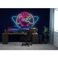 Fotobehang Game Zone Neon Design in een jongenskamer met neon gamecontroller in vuist en moderne gaming uitstraling.