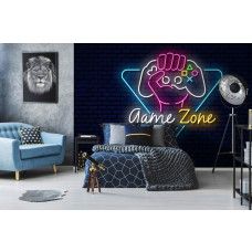Fotobehang Game Zone Neon Design in een kinderkamer met stoere neon gamecontroller en speelse kleuren.