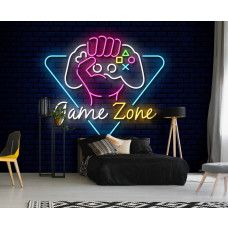 Fotobehang Game Zone Neon Design in een tienerkamer met opvallend neon gamecontrollerontwerp en levendige kleuren.