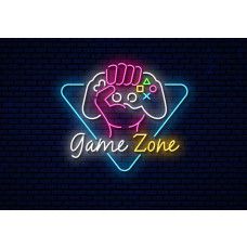 Fotobehang Game Zone Neon Design met neon gamecontroller in vuist en felgekleurde neonletters op donkere baksteenachtergrond.