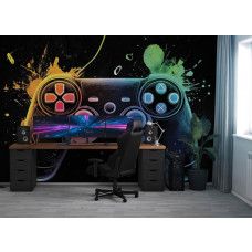 Fotobehang met een neon gamecontroller als eyecatcher aan de muur van een stoere gamekamer.