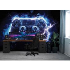 Fotobehang gamecontroller thunderbolt in een gamekamer, waarbij de neon bliksem en energie zorgen voor een spectaculaire gaming sfeer.