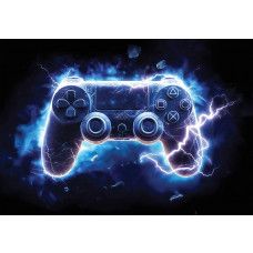 Fotobehang gamecontroller thunderbolt met blauwe bliksemschichten en neonlicht tegen een donkere achtergrond.