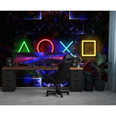 Fotobehang met fel verlichte PlayStation-iconen in neonstijl, toegepast in een moderne gamekamer met donkere, futuristische uitstraling.