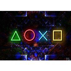Fotobehang met neonverlichte PlayStation-symbolen op een futuristische zwarte en blauwe achtergrond.