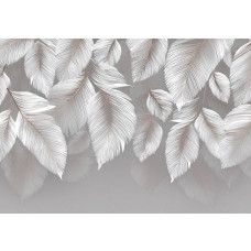 Fotobehang met gedetailleerde witte bladeren op een grijze achtergrond.