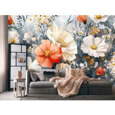 Fotobehang met geschilderde bloemenpracht in een stijlvolle woonkamer.