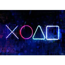 Fotobehang met lichtgevende PlayStation-symbolen op een donkere achtergrond in een futuristische urban stijl.