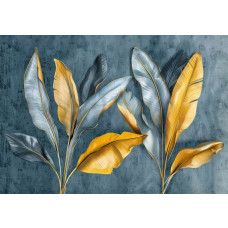 Fotobehang met luxe gouden bananenbladeren op een groene achtergrond voor een chique uitstraling.