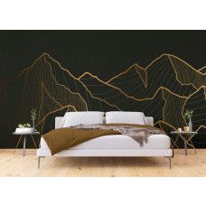 Een fotobehang van abstracte gouden bergen in een slaapkamer met vliesbehang.