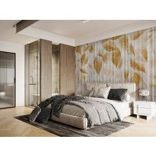 Een fotobehang van gouden bladeren op ruw beton in een slaapkamer.