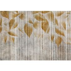 Een fotobehang van gouden bladeren op ruw beton.