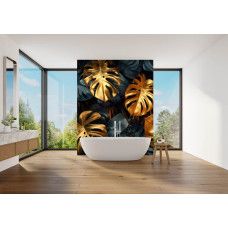 Fotobehang met goudkleurige monstera bladeren en jungle stijl in de badkamer.