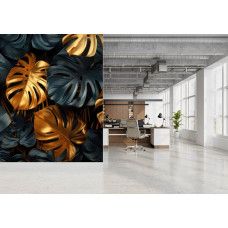 Fotobehang met gouden monstera bladeren in jungle stijl in het kantoor.