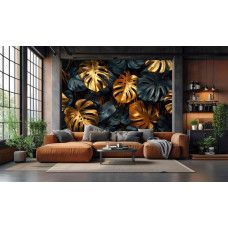 Fotobehang met gouden monstera bladeren en jungle uitstraling in de woonkamer.