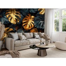 Fotobehang met luxe gouden monstera bladeren op donkere jungle achtergrond in de woonkamer.