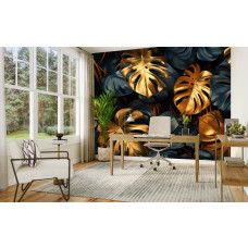 Fotobehang met botanische jungle en goudaccenten toegepast in een kantoor.