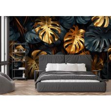 Fotobehang gouden monstera bladeren in jungle stijl in de slaapkamer.
