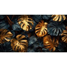 Fotobehang gouden monstera bladeren in jungle stijl met luxe goudaccenten en donkere achtergrond.
