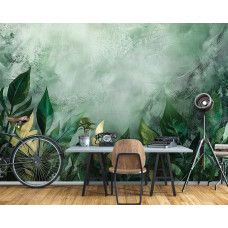 Fotobehang met groene aquarelbladeren in een stijlvol en modern kantoor.