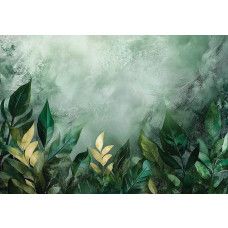 Fotobehang met groene bladeren in aquarelstijl op een lichte achtergrond met natuurlijke kleurovergangen.