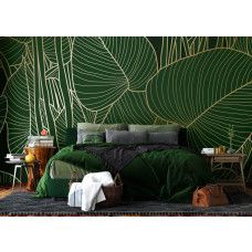 Een fotobehang met groene bladeren en gouden details in de slaapkamer, met weelderige bladeren en warme goudtinten die een rustgevende ambiance vormen.