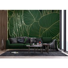 Een fotobehang met groene bladeren en gouden details in een moderne woonkamer, waarin het botanische patroon zorgt voor een levendige en chique uitstraling.