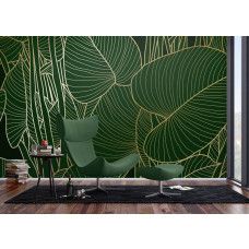en fotobehang met groene bladeren en gouden details in de woonkamer, waar het botanische design een verfijnde en natuurlijke sfeer creëert.