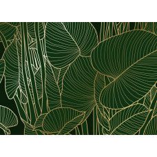 Een fotobehang met groene bladeren en gouden details, waarbij diepe groentinten worden gecombineerd met subtiele goudaccenten voor een luxe uitstraling.