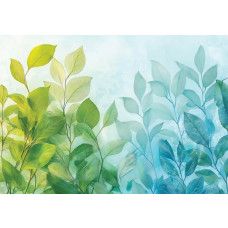 Fotobehang met groene en blauwe bladeren in een zachte kleurovergang.