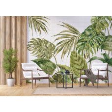 Een fotobehang met grote groene bladeren in een bedrijfsruimte, ideaal voor een natuurlijke en inspirerende werkomgeving met een exotische uitstraling.