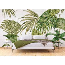 Een fotobehang met grote groene bladeren in de slaapkamer, met weelderige plantmotieven die zorgen voor een ontspannen en tropische ambiance.