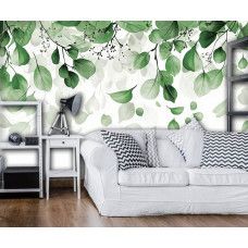 Fotobehang van hangende bladeren in een minimalistisch ontwerp aan de muur van een moderne woonkamer.