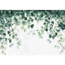 Fotobehang met hangende groene bladeren in verschillende vormen op een lichte, neutrale achtergrond.