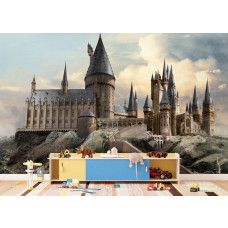 Een fotobehang met Harry Potter uitzicht op Zweinstein in de kinderkamer, waarin de imposante torens en het mysterieuze landschap een betoverend decor vormen.